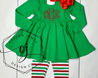 Monogram Christmas dress for baby toddler kids girls twirl dress Santa outfit sibling matching