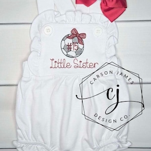 Monogram Soccer Romper Sunsuit for a baby and toddler girl little sister softball baseball sibling matching
