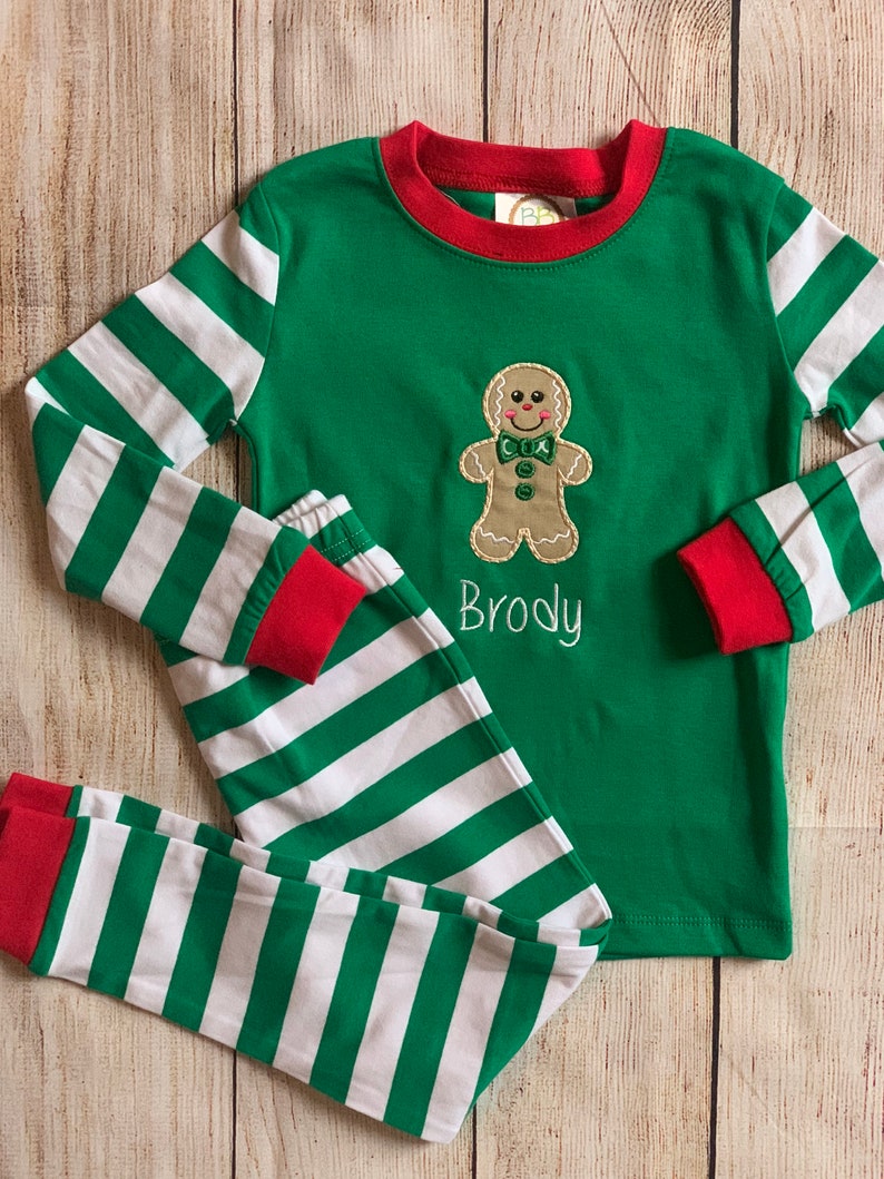 Monogram Gingerbread Christmas Pajamas Toddler Family Matching Embroidered Personalized for Baby Kid Cousins Family