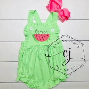 Monogram Watermelon Romper Sunsuit for Baby Toddler Girls One in a Melon Outfit