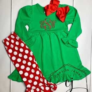 Monogram Christmas Dress Santa Outfit Personalized Toddler Embroidered Dress Shirt Pants Leggings Brother Sister Family Matching