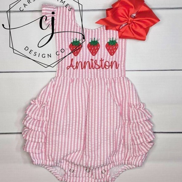 Monogram Strawberry Romper Sunsuit for Baby Toddler Girls One in a Melon Outfit