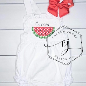 Monogram Watermelon Romper Sunsuit for Baby Toddler Girls One in a Melon Outfit