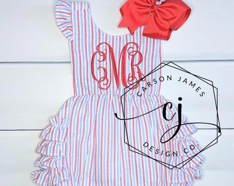 Monogram Sunsuit with Ruffles for Baby and Toddler Girls July 4th patriotic outfit