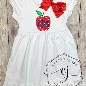 Monogram Back to School Apple Dress for baby toddler girls kids Apple picking dress first day of school outfit