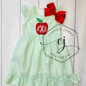 Monogram Back to School Apple Dress for baby toddler girls kids Apple picking dress first day of school outfit