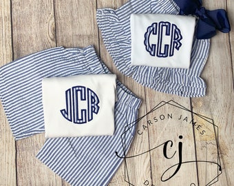 Monogram Seersucker Outfit for baby toddler kids Brother sister matching sibling set summer outfir