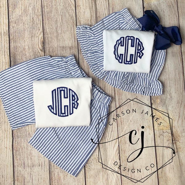 Monogram Seersucker Outfit for baby toddler kids Brother sister matching sibling set summer outfir