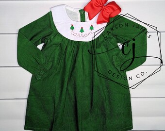 Hand Smocked Green Christmas Dress! Santa and Reindeer Bishop Collar Dress.  Toddler Smocked Christmas Dress - Etsy