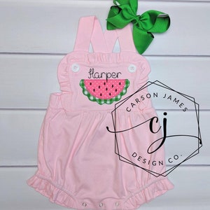 Monogram Watermelon Romper Sunsuit for Baby Toddler Girls One in a Melon Outfit