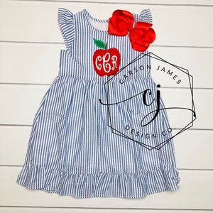 Monogram Back to School Apple Dress for baby toddler girls kids Apple picking dress first day of school outfit