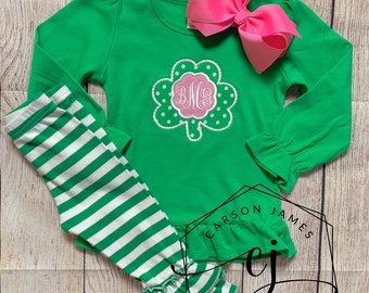 Monogram St Patrick’s Day Shirt for Baby Toddler Kids Girls Brother Sister Matching Sibling Set with Shamrocks
