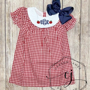 Monogram Back to School Apple Dress for baby toddler girls kids Apple picking dress first day of school outfit