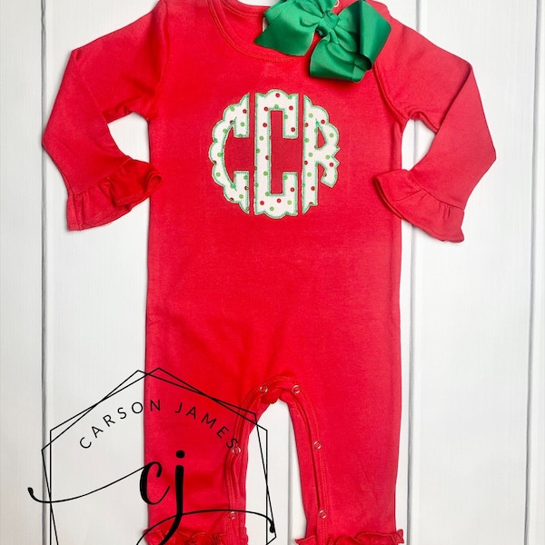 Monogram Christmas Romper for baby toddler kids girls Santa outfit sibling matching