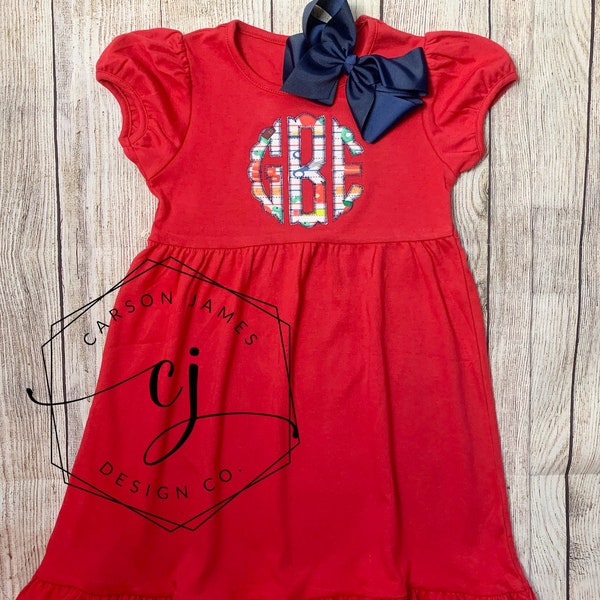 Monogram Back to School Dress Pencil School Supplies Dress for baby toddler girls kids Apple picking dress first day of school outfit