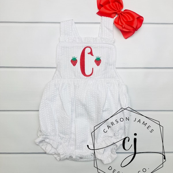 Monogram Strawberry Romper Sunsuit for Baby Toddler Girls One in a Melon Outfit