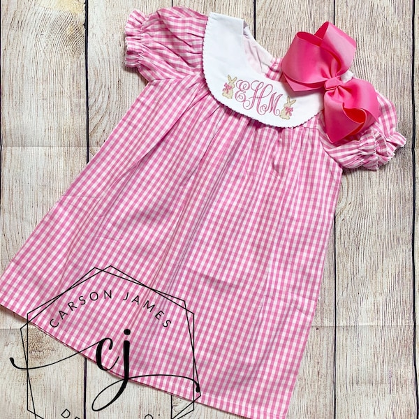 Monograma vestido de Pascua estilo obispo vestido Gingham para bebés niños pequeños bordado regalo de Pascua para hermano hermana hermano a juego