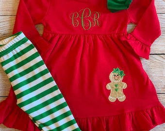 Monogram Christmas Dress Gingerbread Toddler Embroidered Brother Sister Cousin Matching Dress and Shirt