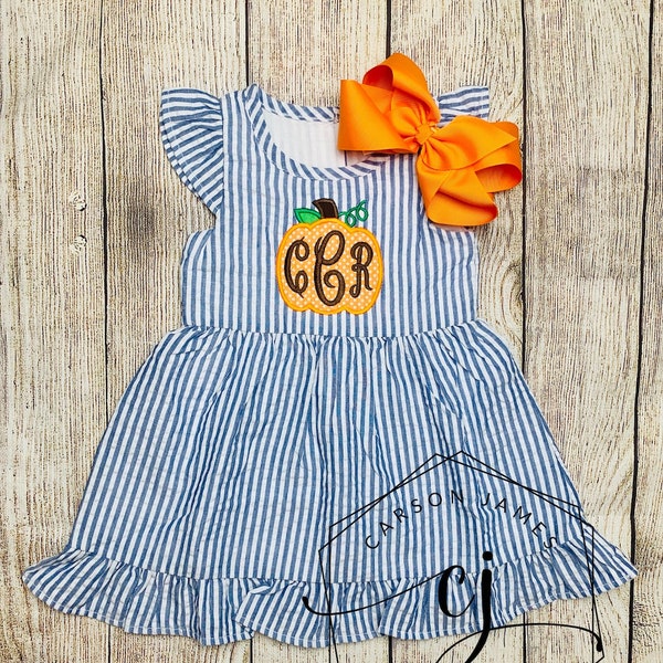 Monogram Pumpkin Dress for Baby Toddler Kids Girls Fall Outfit Pumpkin Patch Halloween Thanksgiving Dress