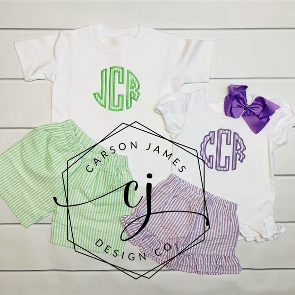 Monogram Seersucker Outfit for baby toddler kids Brother sister matching sibling set summer outfir