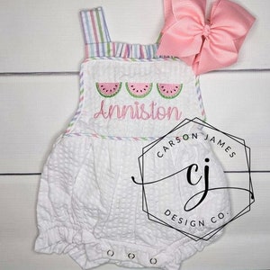 Monogram Watermelon Romper Sunsuit for Baby Toddler Girls One in a Melon Outfit