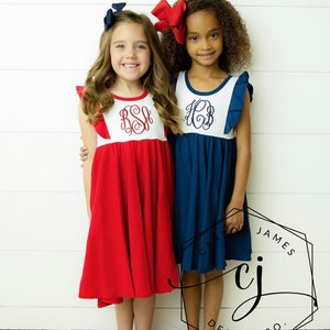 Monogram July 4th Dress for Baby Toddler Girls Seersucker Dress Memorial Day Patriotic Independence Day Outfit
