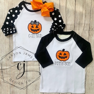 Monogram Halloween Shirt For Baby Toddler Kids Pumpkin Shirt Sibling Matching Brother Sister Jack-o-lantern Raglan Toddler Shirt
