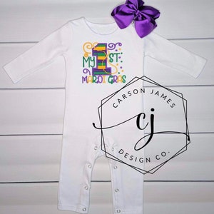 Monogram Mardi Gras Romper for baby toddler girls Mardi Gras Outfit