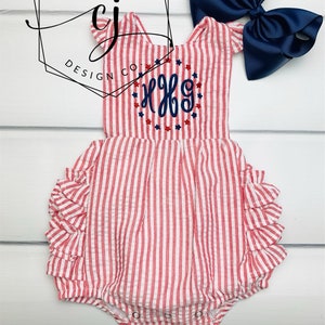 Monogram Sunsuit with Ruffles for Baby and Toddler Girls July 4th patriotic outfit