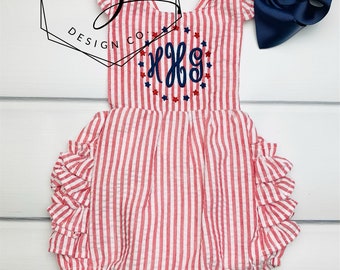 Monogram Sunsuit with Ruffles for Baby and Toddler Girls July 4th patriotic outfit