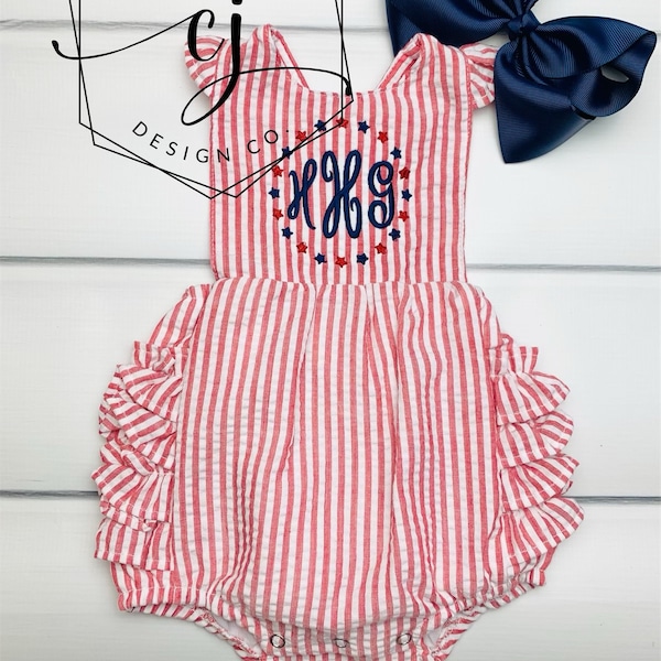 Monogram Sunsuit with Ruffles for Baby and Toddler Girls July 4th patriotic outfit