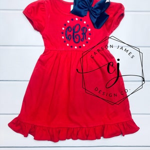 Monogram July 4th Dress for Baby Toddler Girls Seersucker Dress Memorial Day Patriotic Independence Day Outfit