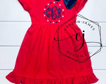 Monogram July 4th Dress for Baby Toddler Girls Seersucker Dress Memorial Day Patriotic Independence Day Outfit