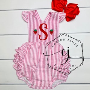 Monogram Strawberry Romper Sunsuit for Baby Toddler Girls One in a Melon Outfit
