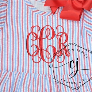 Monogram July 4th Dress for Baby Toddler Girls Seersucker Dress Memorial Day Patriotic Independence Day Outfit