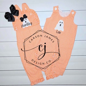 Monogram Halloween Ghost Outfit for Baby Toddler Kids Fall Romper Jumper Longalls Sibling Matching for Halloween and Thanksgiving