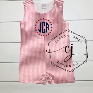 Monogram Romper Shortall for Baby Toddler Boys July 4th outfit Patriotic overalls