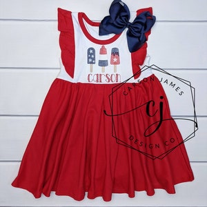 Monogram July 4th Dress for Baby Toddler Girls Seersucker Dress Memorial Day Patriotic Independence Day Outfit