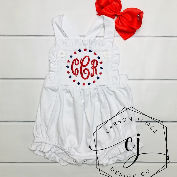 Monogram July 4th Outfit for baby toddler kids girls patriotic sunsuit romper