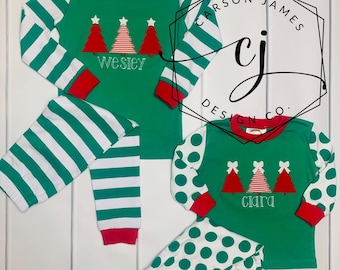 Monogram Christmas Pajamas Christmas Trees Matching Pajamas for toddler baby kids family