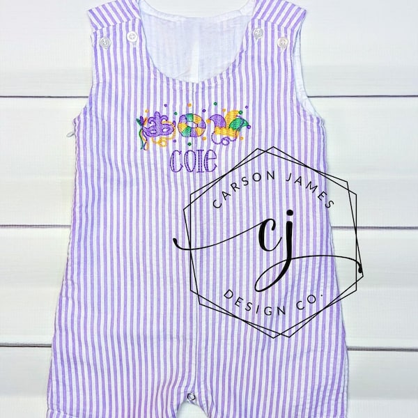 Monogram Mardi Gras Romper Shortall for Baby Toddler kids boys parade outfit first Mardi gras