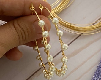 Pearl Hoop Earrings, wire wrapped hoops, pearl beads hoop earrings, pearl brides jewelry, gemstone hoops, sun earrings, bride jewelry,