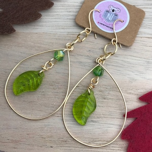 Leaf Shaped Earrings, leaf drop earrings, dangle earrings, green leaves earrings, natural jewelry, gold plated leaf, woodland jewelry,