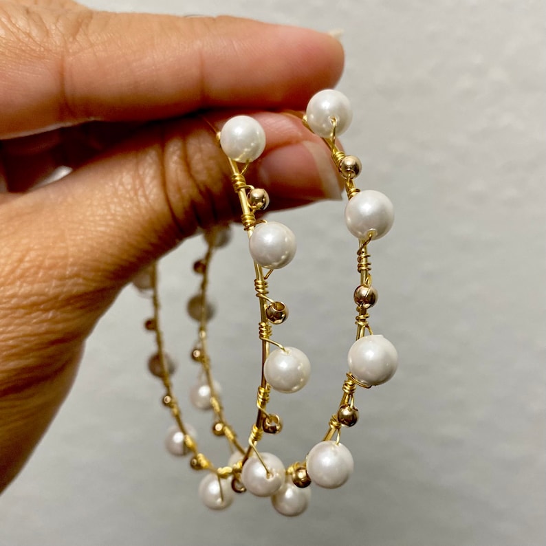 Pearl Hoop Earrings Wire Wrapped Hoops Pearl Beads Hoop Etsy