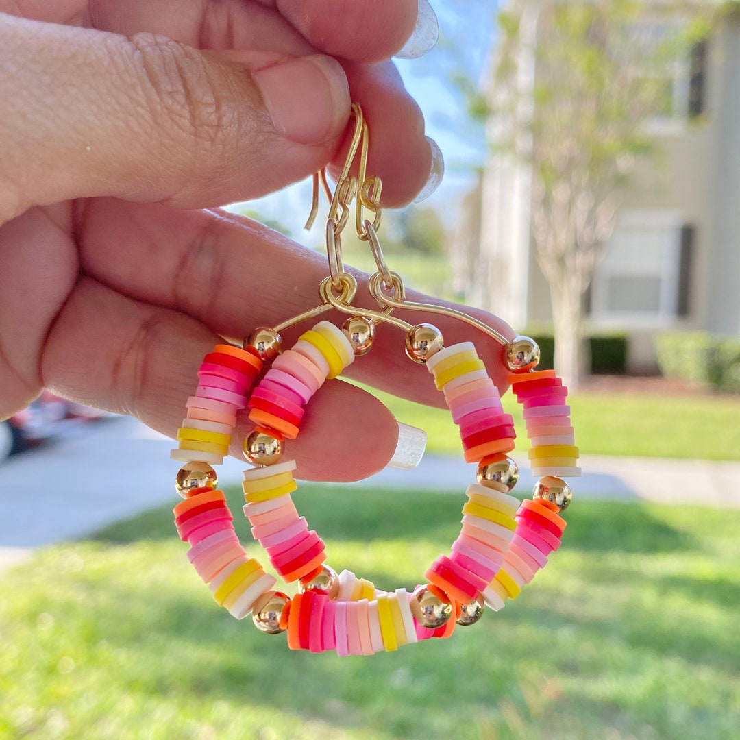 Heishi Beads Hoop Earrings, Wire Wrapped Hoops, Acrylic Beads Hoop