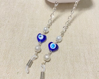 Evil Eye Glasses Chain: Silver Plated, Heart Beads & Pearls