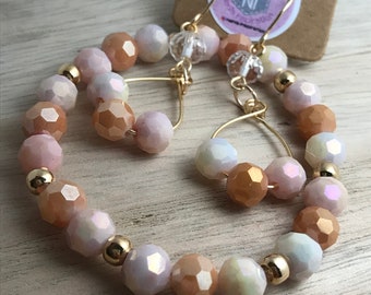 Beaded Jewelry Set, gifts for mom, beaded jewelry, crystal beads bracelet, dangle earrings, beaded earrings, rose tone jewelry set