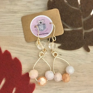 Beaded Rose Tone Earrings, wire wrapped earrings, gold plated wire wrapped earrings, crystal beads earrings, wire wrapped dangles
