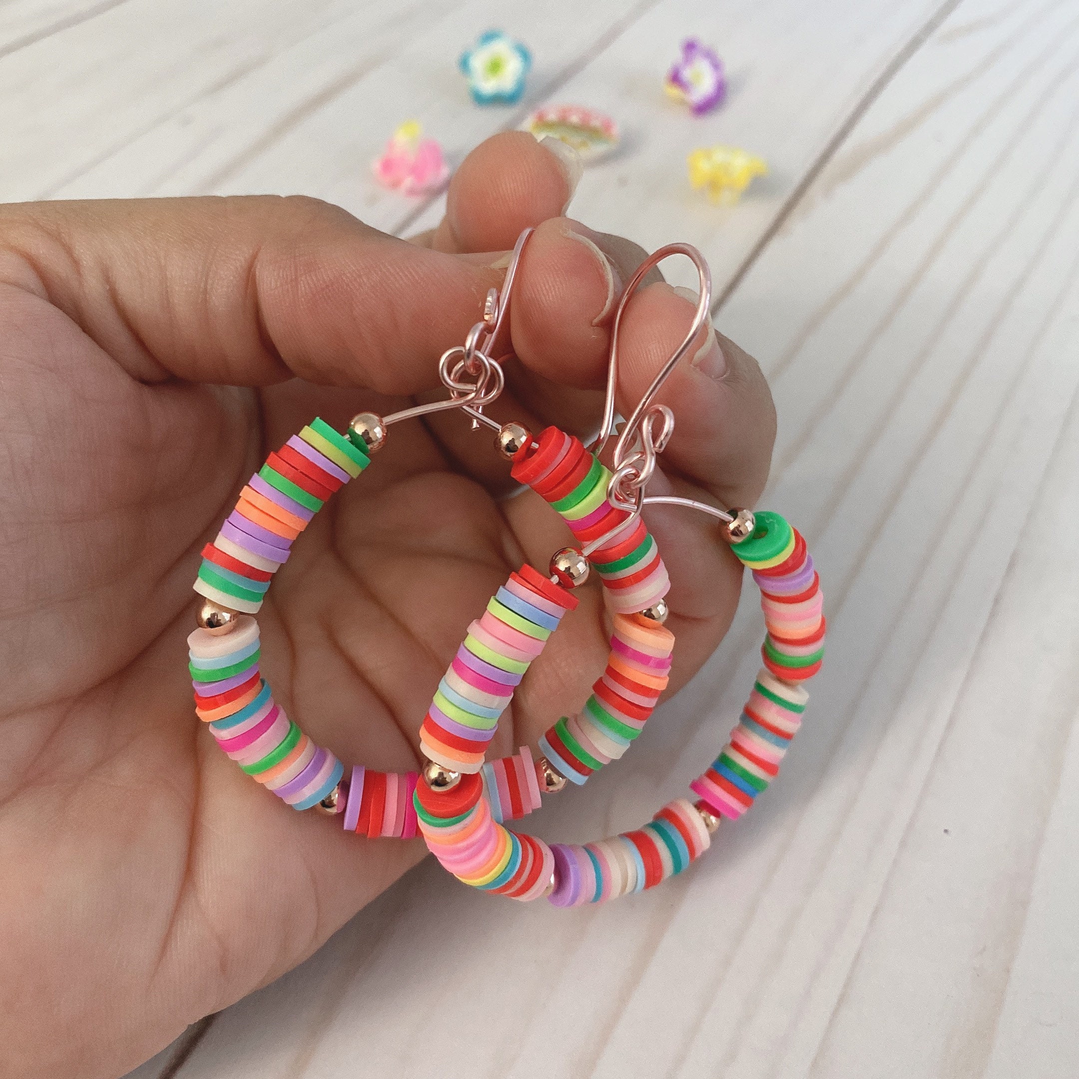 Polymer Clay Beads Hoops, Heishi Beads Hoops, Acrylic Beads Hoop Earrings, Polymer Clay Beads, Beaded Hoop Earrings, Multicolor Earrings