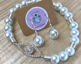 Pearl Jewelry Set, beaded earrings, bridal jewelry, evil eye charm bracelet, dangle earrings, beaded earrings, rose tone jewelry set